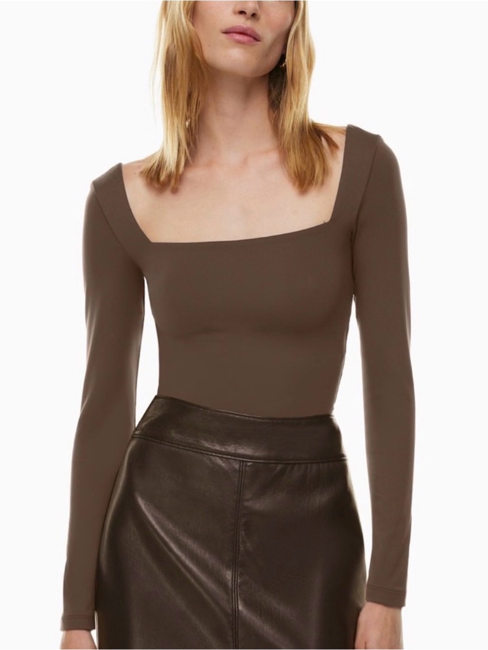 Aritzia Babaton Square Neck Long Sleeve Top in Chocolate Brown small